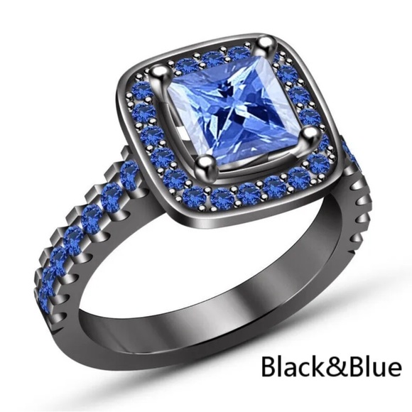 Princess Blue Square Zircon Black Ring Jewelry Gift Size 7 - Picture 7 of 8